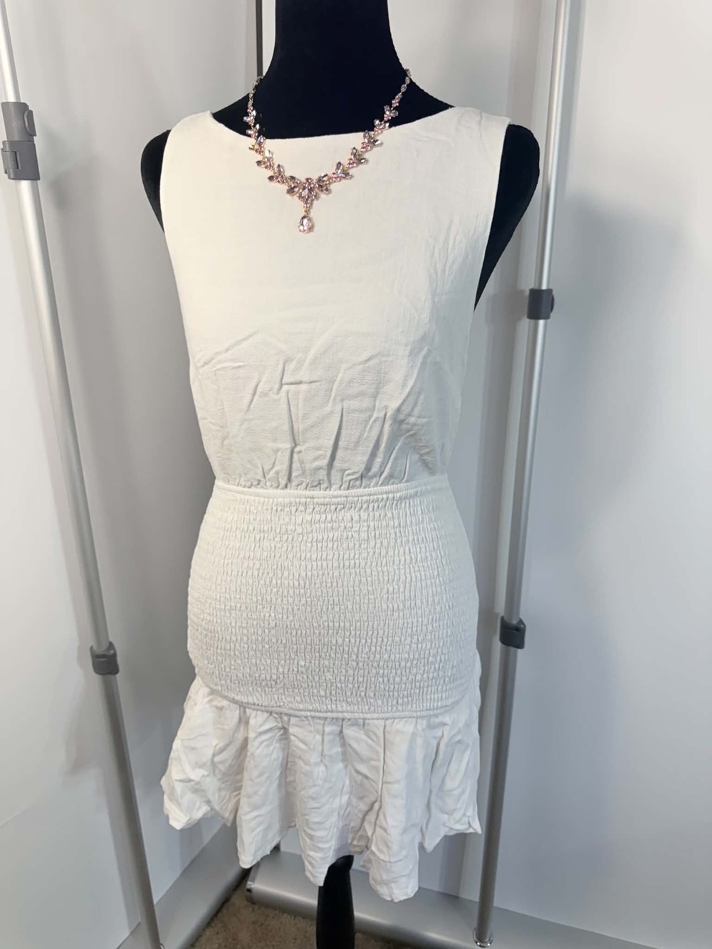 #288 Indikah White Smocked Ruffle Hem Mini Dress – Size Small